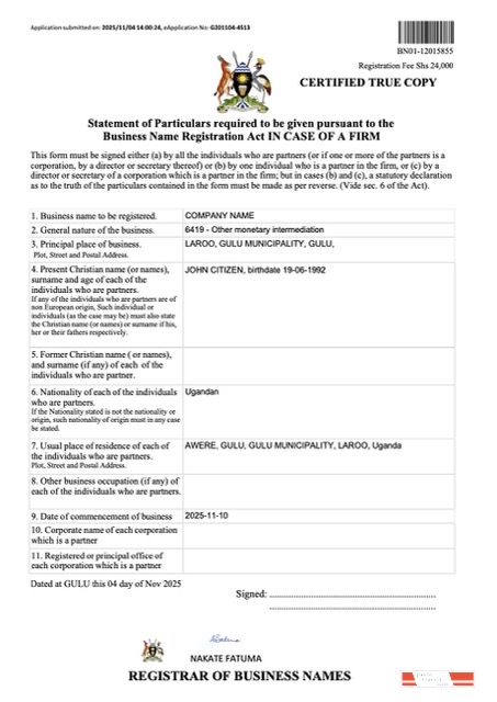Uganda business name registration certificate Word and PDF template, version 3